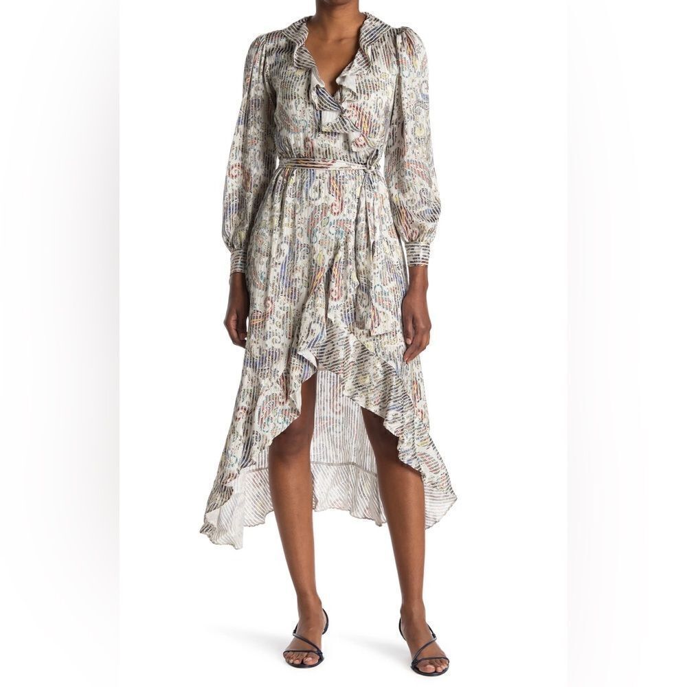 NWT Maje Roxie Ruffle Trim High/Low Wrap Dress in Multi/Silver size 1 or small